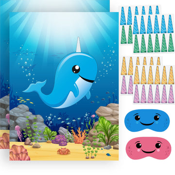 Neburora 2 Pack Pin The Horn On The Narwhal Party Game 2 Large 21''X 28'' Posters With 48Pcs Stickers Ocean-Themed Birthday Part