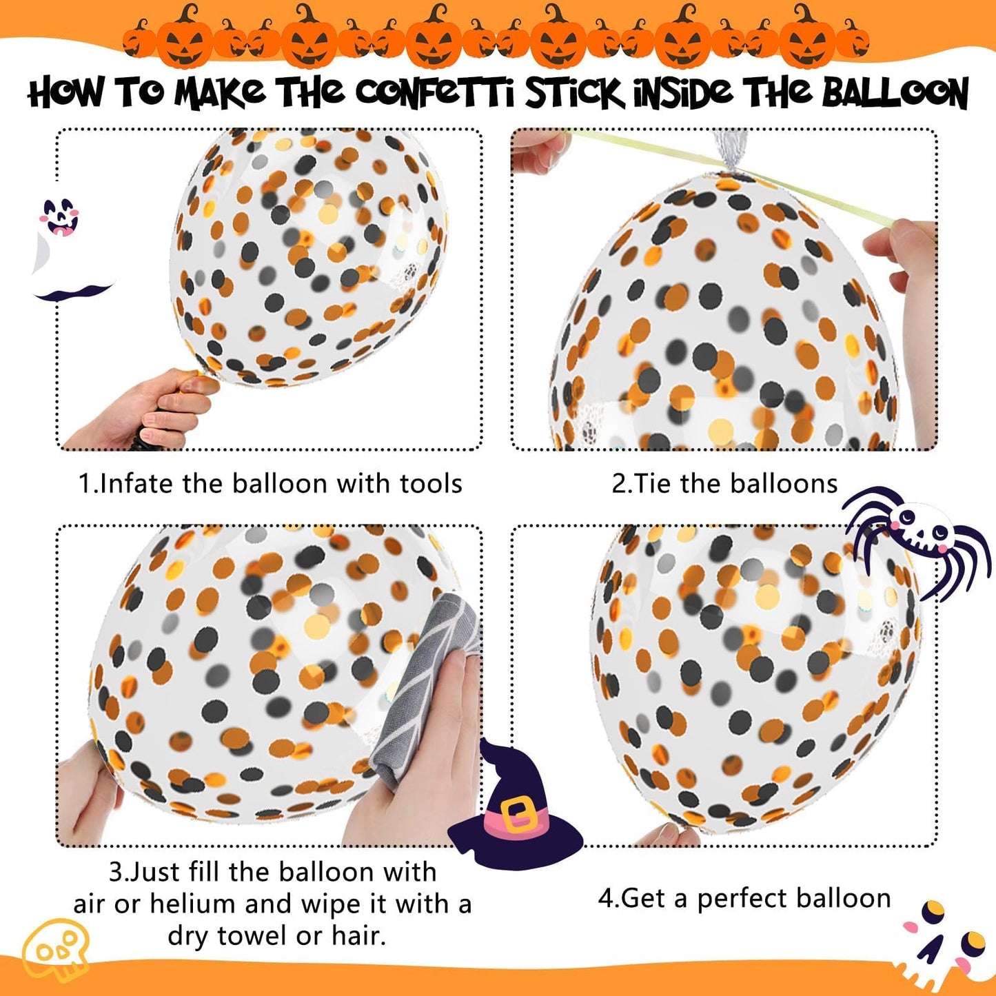 Halloween Balloons,60 Pcs 12 Inches Orange Black Balloons And Black Orange Pinted Pattern Decorative Balloons With Confetti Ball