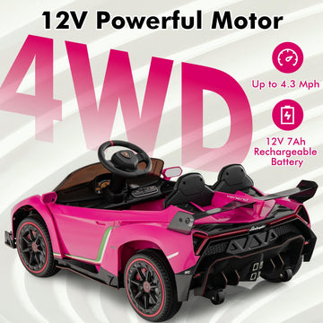 Infans 2 Seater Kids Ride On Car, 12V 4Wd Licensed Lamborghini Veneno Powered Electric Vehicle With Hydraulic Doors, Rocking Mode, Adjustable Speeds, Remote Control, Mp3, Headlight (Coral)