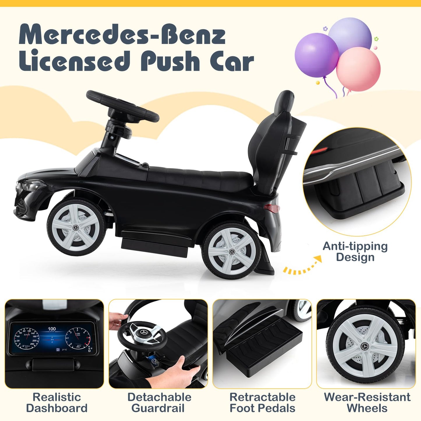 Costzon Push Car for Toddlers, 3 in 1 Mercedes Benz Stroller Sliding Walking Car w/Canopy, Handle, Safety Bar, Horn Sound, Under