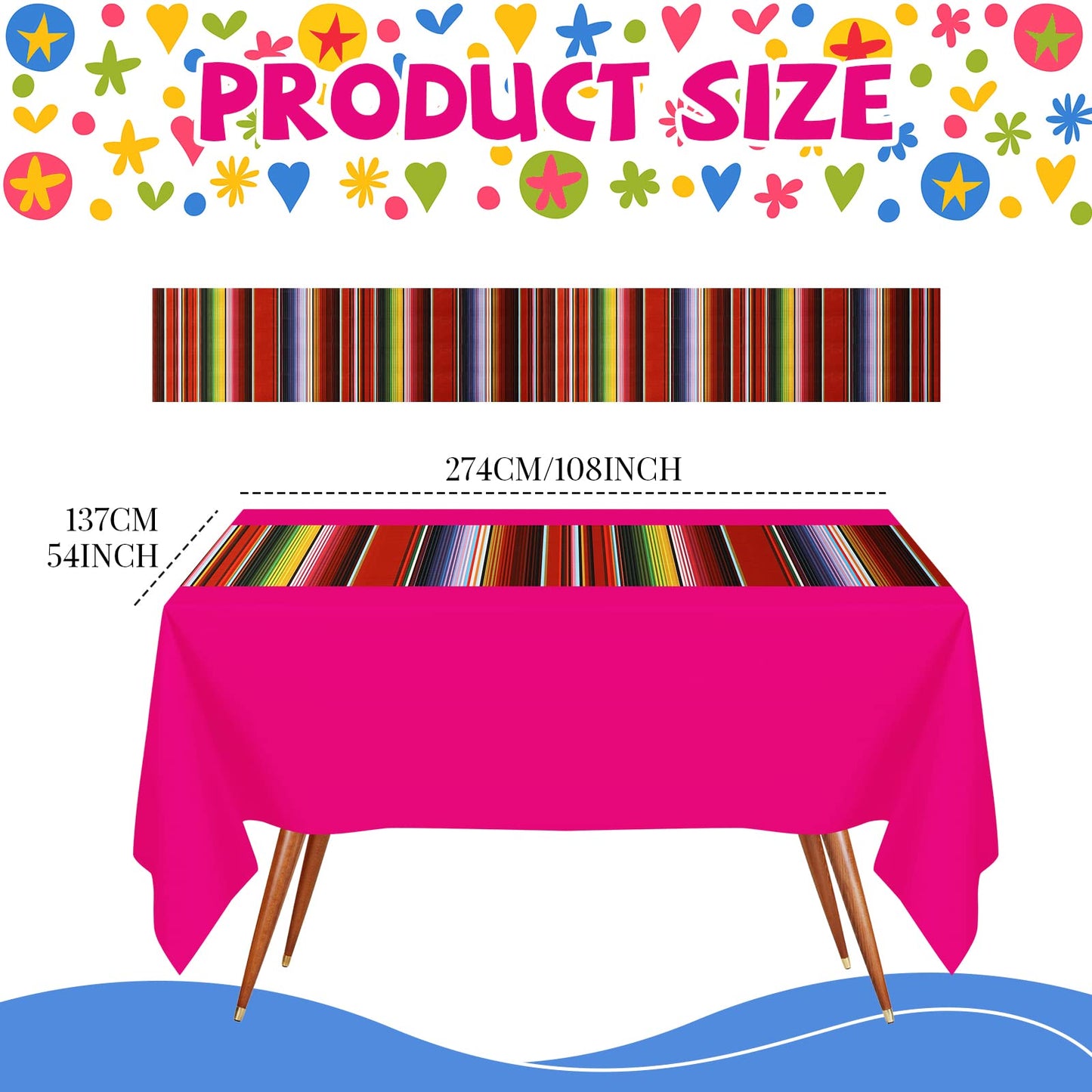 Hosuly Mexican Fiesta Tablecloth 54 x 108   Party Plastic Tablecloth Striped Table Cover for Mexican Fiesta Party Decorations(