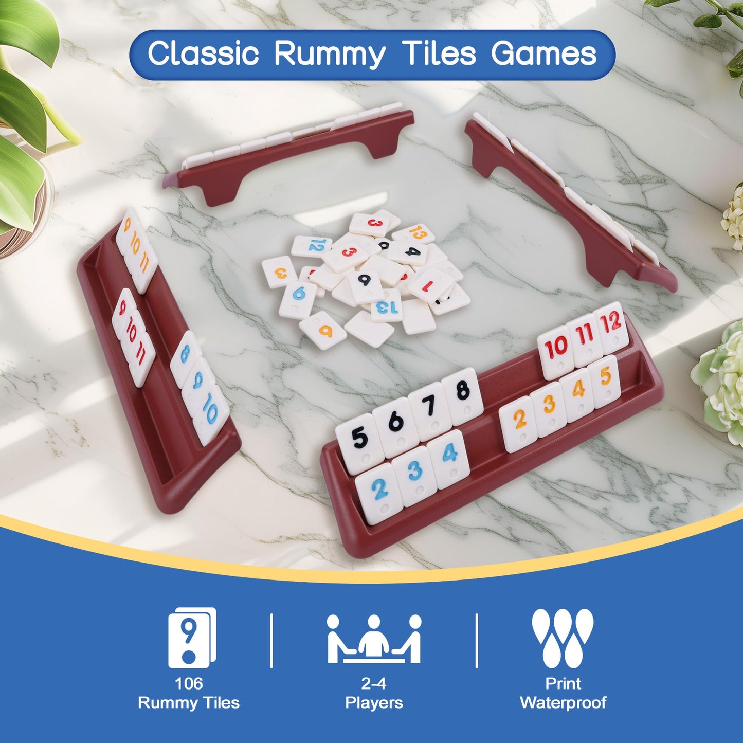 Offelec 106 Rummy Tiles Game with 4 Double Tiles Holders/Trays  Travel Size Rummy Cube Set  Classic Mini Rummy Game for mature-themed Kids and Family  2-4 Palyers