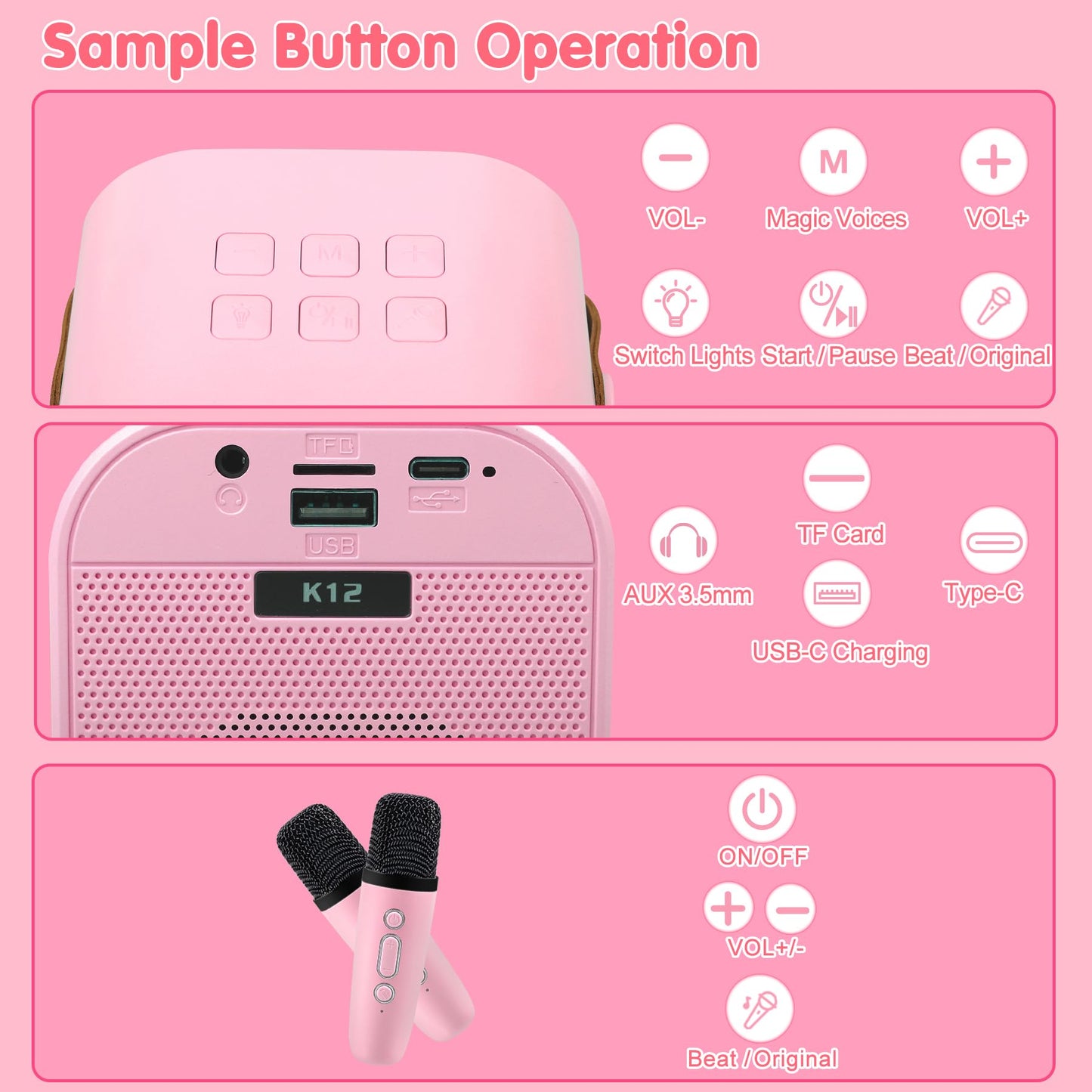 Mini Karaoke Machine, Portable Bluetooth Speaker With 2 Wireless Microphone, Toys For 3-12 Years Old Girls Boys Gifts, Kids Kara