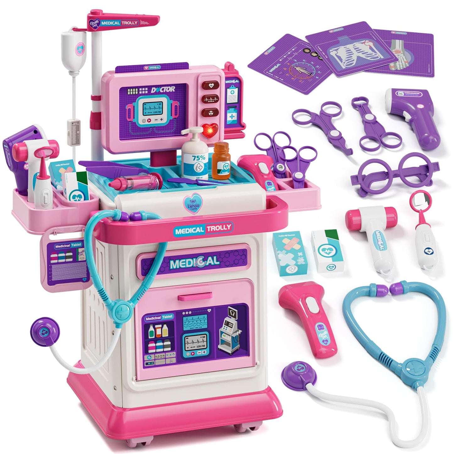 Lehoo Castle Doctor Kit for Toddlers 3-5 Pink, Gifts for Girls 2-4 Years Old, Kids Doctors Play Set, Mobile Cart with Lights and