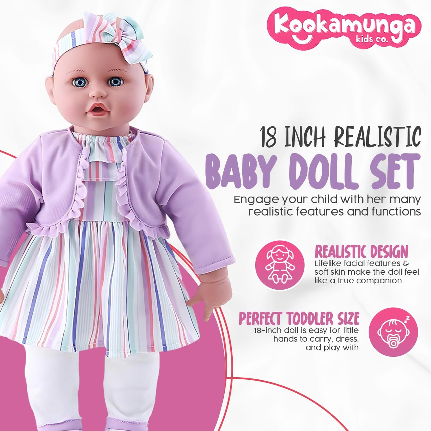 Kookamunga Kids 18 Inch Baby Doll Set - Realistic Baby Doll - Baby Dolls For 2 Year Old Girls & Boys And Up - Comes W/ Soft Baby Doll - Toy Baby Bottle - Diaper Bag - Blanket Pacifier & Unicorn Toy