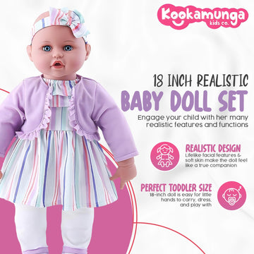 Kookamunga Kids 18 Inch Baby Doll Set - Realistic Baby Doll - Baby Dolls For 2 Year Old Girls & Boys And Up - Comes W/ Soft Baby Doll - Toy Baby Bottle - Diaper Bag - Blanket Pacifier & Unicorn Toy
