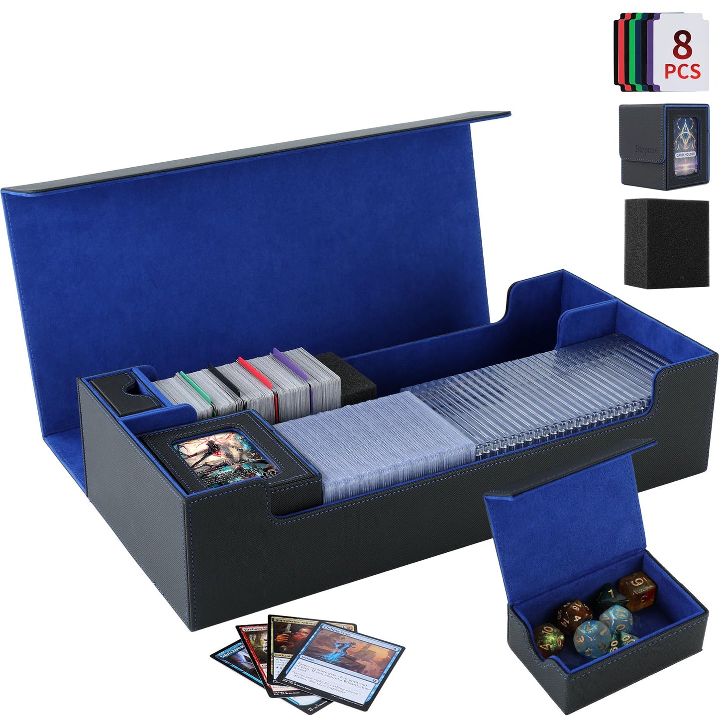 Trading Card Storage Box  2200+ MTG Deck Box Leather Magnetic Closure Commander Deck Box  Holds 5 Small Deck Boxes  Includes 1 Small Box  8 Dividers  1 Foam Stopper  1 Toploader  Black/Blue