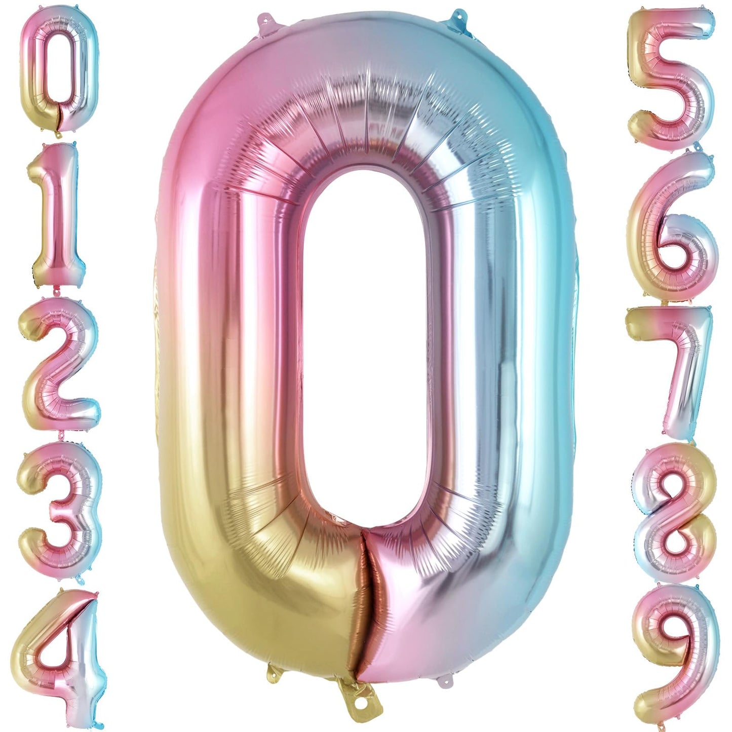 Rainbow Gradient Number 0 Balloon, 40 Inch Big Large Foil Number Balloons, Jumbo Mylar Number 0 Balloons For Birthday Party Deco