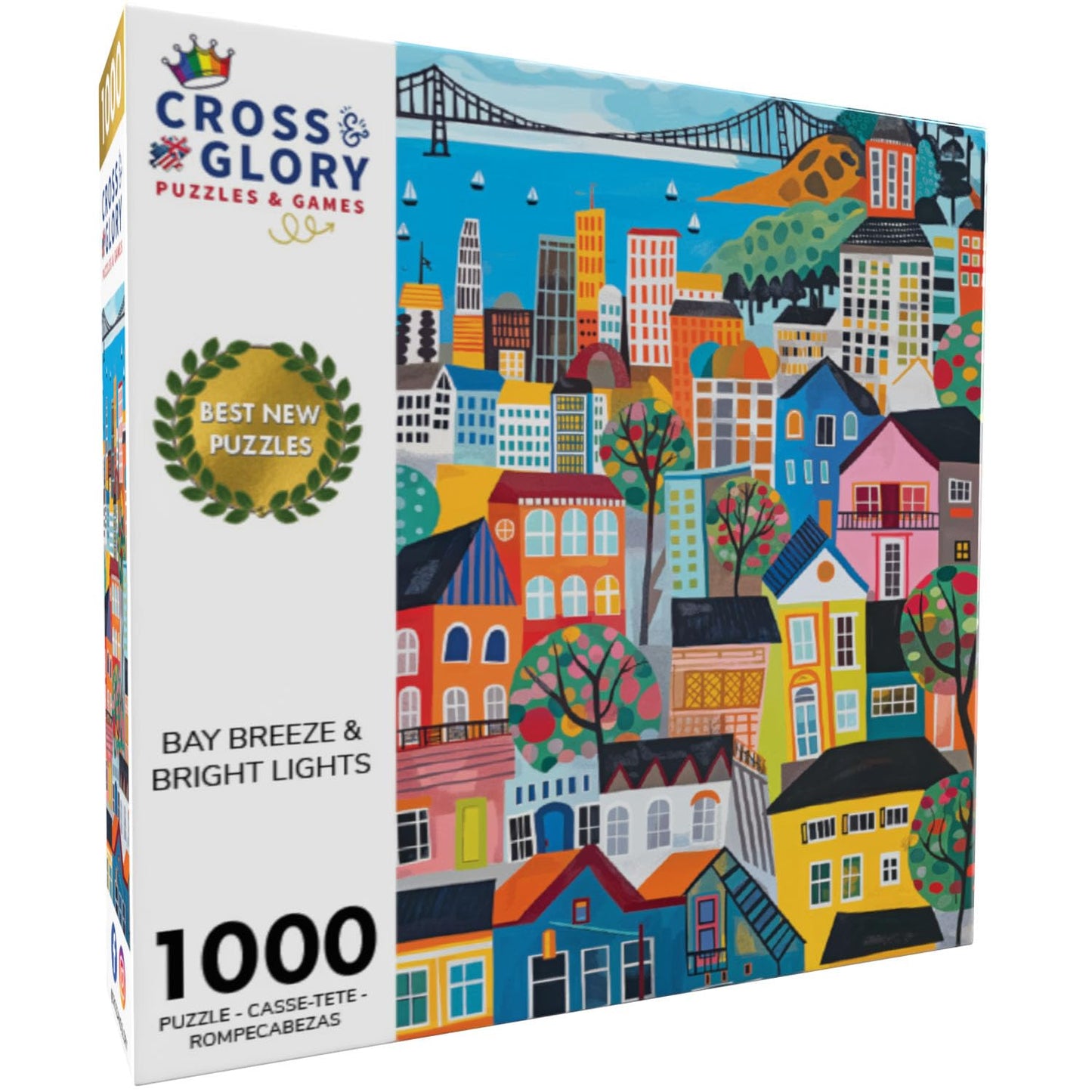 Cross & Glory 1000 Piece Jigsaw Puzzle - Bay Breeze & Bright Lights, Vibrant San Francisco Folk Art, 1.8mm Thick Cardboard