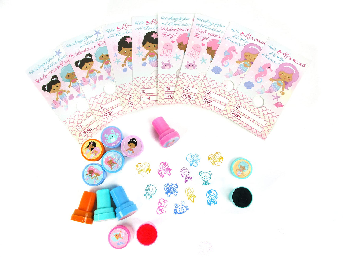 Tiny Mills 36 PACK Rainbow Mermaid Valentines Day Cards with Stampers for Valentines Day Classroom Exchange African American G