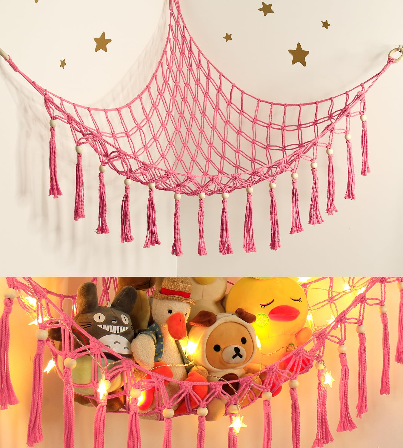 Stuffed Animal Storage Hammock Corner With Led Light - Toy Hanging Organizer Plushie Net - Pink Room Decor For Teen Girls - Cute