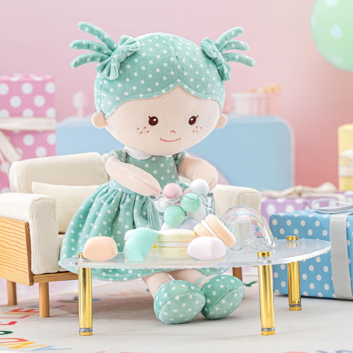Onetoo Plush Rag Doll My First Baby Doll Soft Baby Doll For Girls Sleeping Cuddle Buddy Doll Wear Green Dress White Polka Dot 14'(Milly Series)