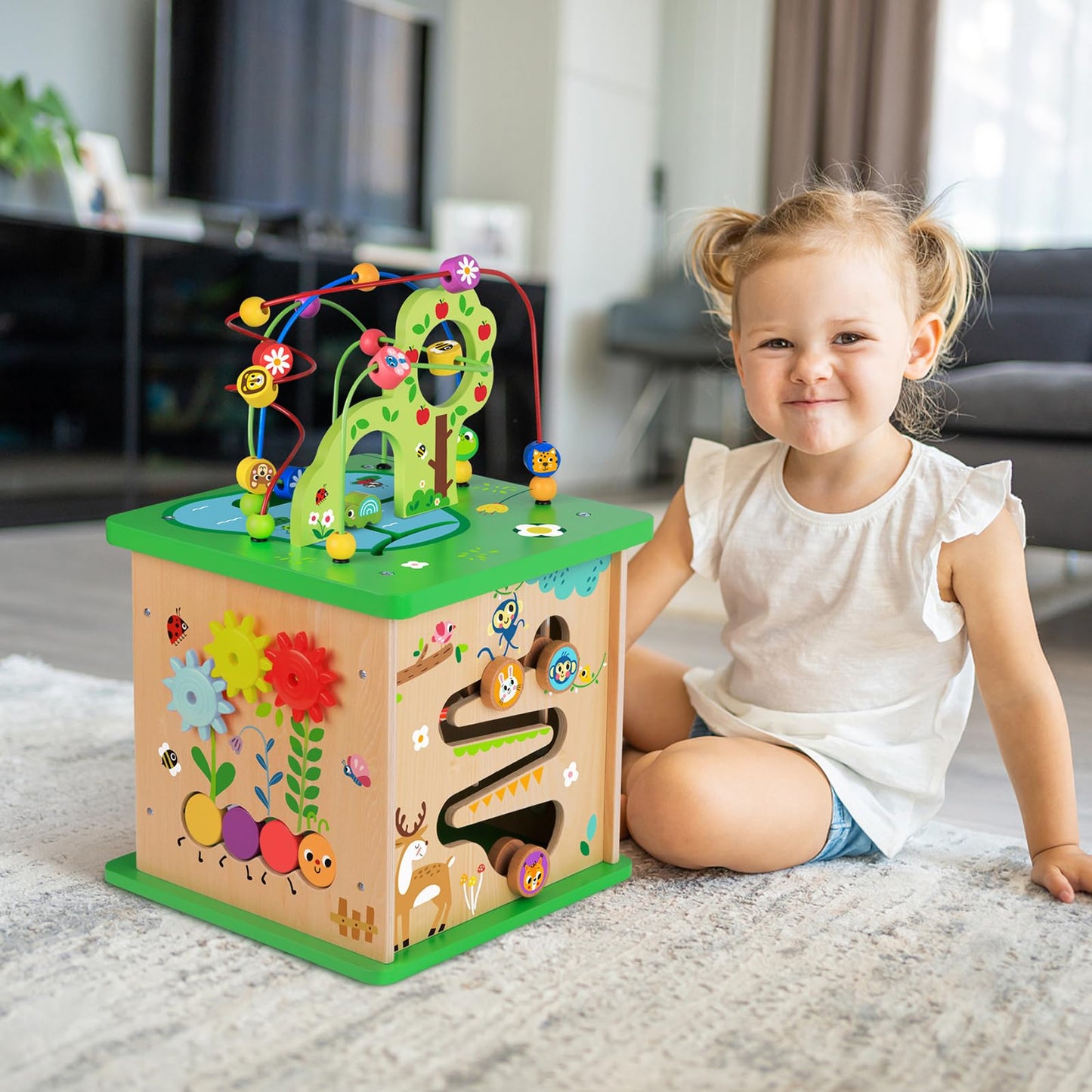 TOOKYLAND 5 in 1 Activity Center, Wooden Play Cube 23"x13"x13", Multicolored Learning Puzzle Toy for Toddlers with Animal Friends and Shapes