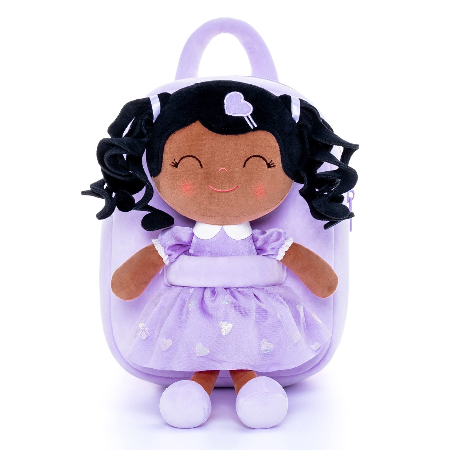Gloveleya Toddler Backpack Baby Girl Gift Plush Bag Diaper Bag With Spring Girl Doll Curly Hair Girl Toys With Love Brown Purple 9 Inches