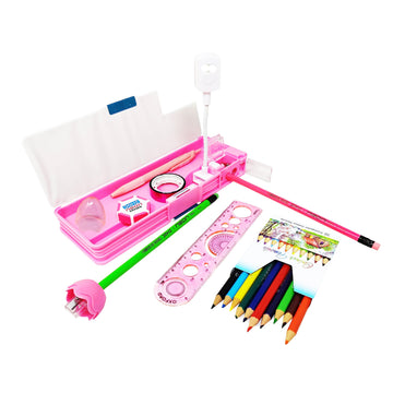Parteet Combo (Pack Of 8 Items) 1 Dual Side Magnetic Pencil Box With Led Lamp, 2Pencil, 1 Scale, 1Sharpner, 1 Eraser, 1Gliter Ta