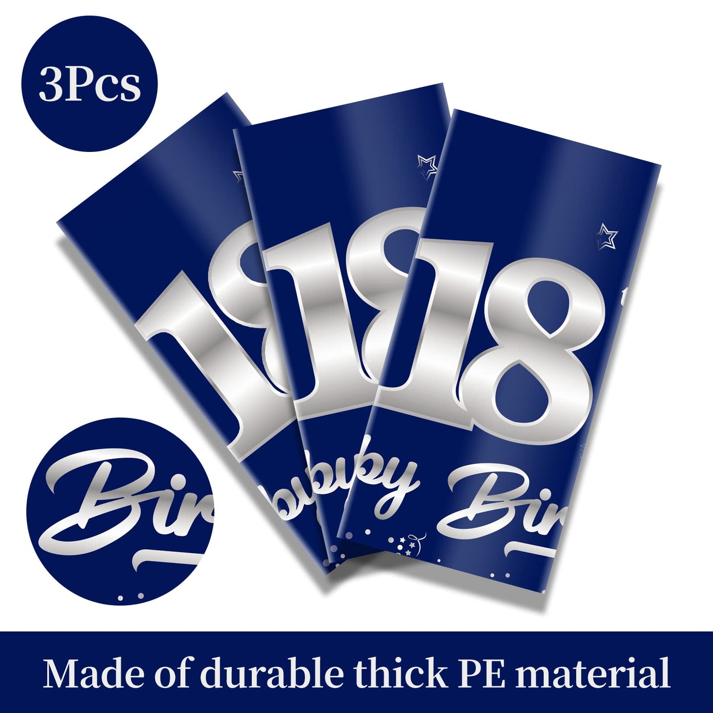 Turypaty 3 Pack Blue Silver 18Th Birthday Tablecloth Decorations For Boy, Navy Blue Happy 18 Table Cover Party Supplies, Eightee