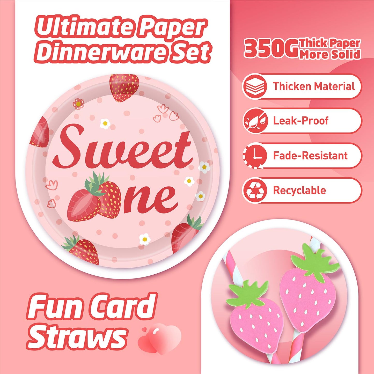 146Pcs Strawberry Plates and Napkins strawberry Party Supplies Includes Plates, Napkin, Fork, Cup, Straw, Tablecloth, Banner for