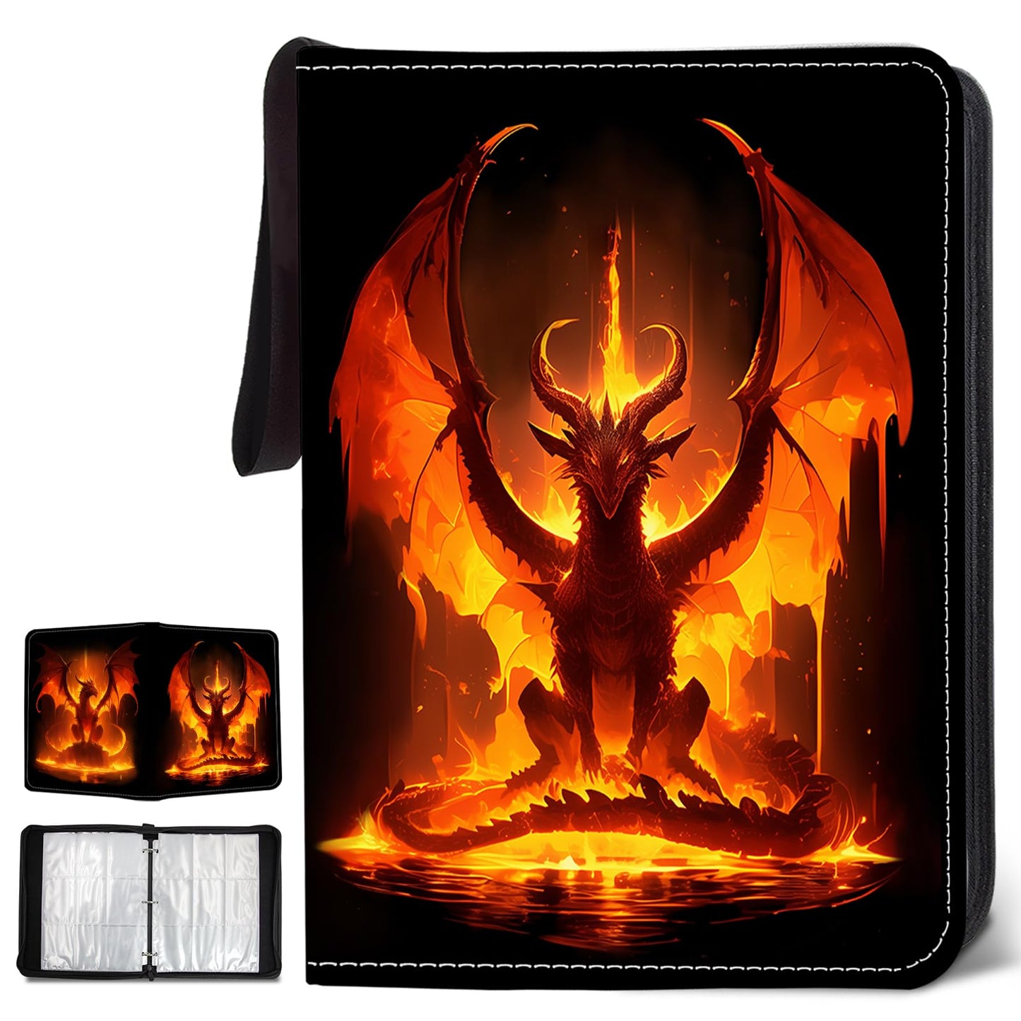 Wazzio 900 Pocket Trading Card Storage Album  Card Binder with 50 Durable 9-Pocket Pages  Fire Dragon Design on Pocket Card Packs  Gifts for Zipper Closure Collector's Album