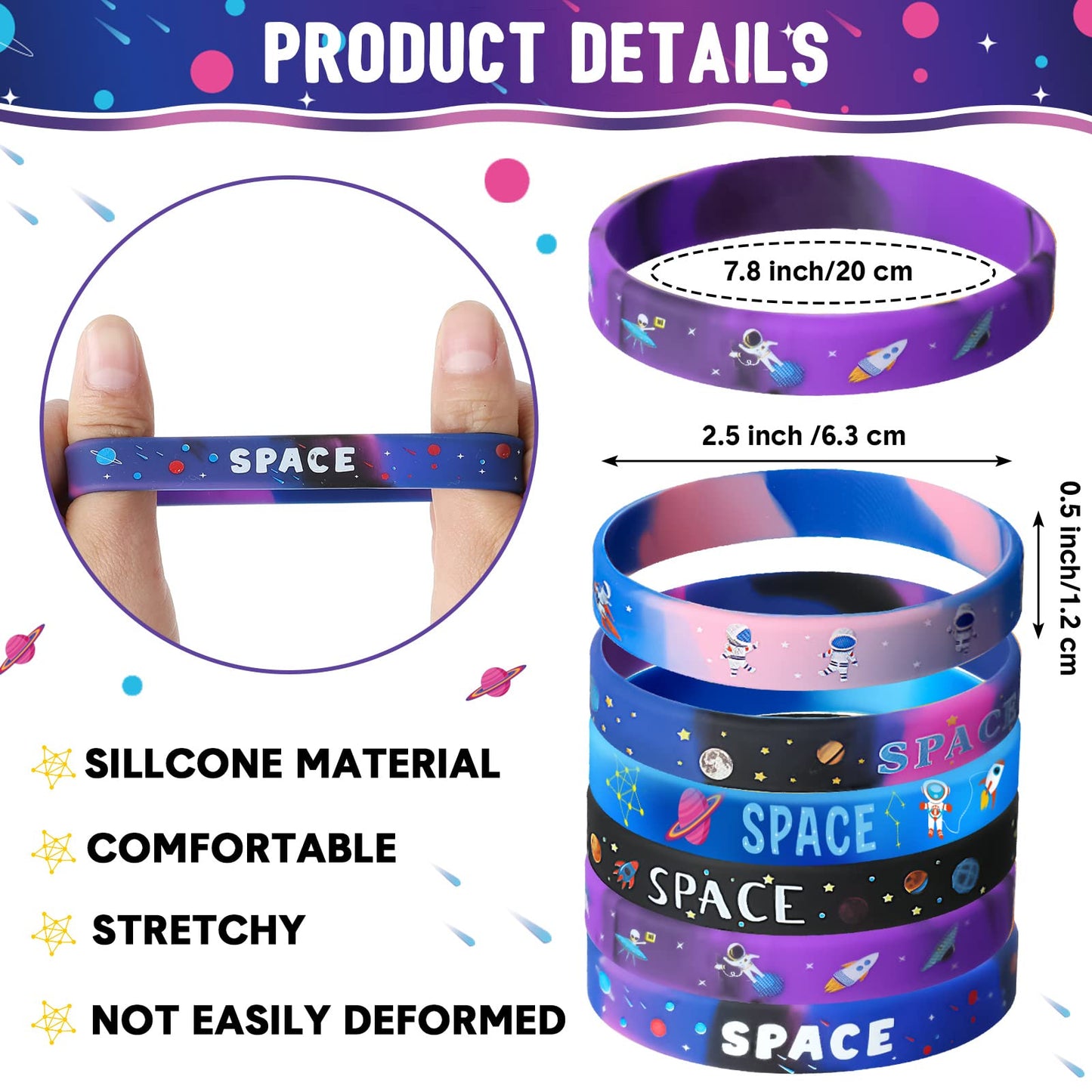 Aoriher Outer Space Party Favors Galaxy Bracelets, Star Astronaut Bracelets Rubber Silicone Wristbands Bulk, Space Themed Classr