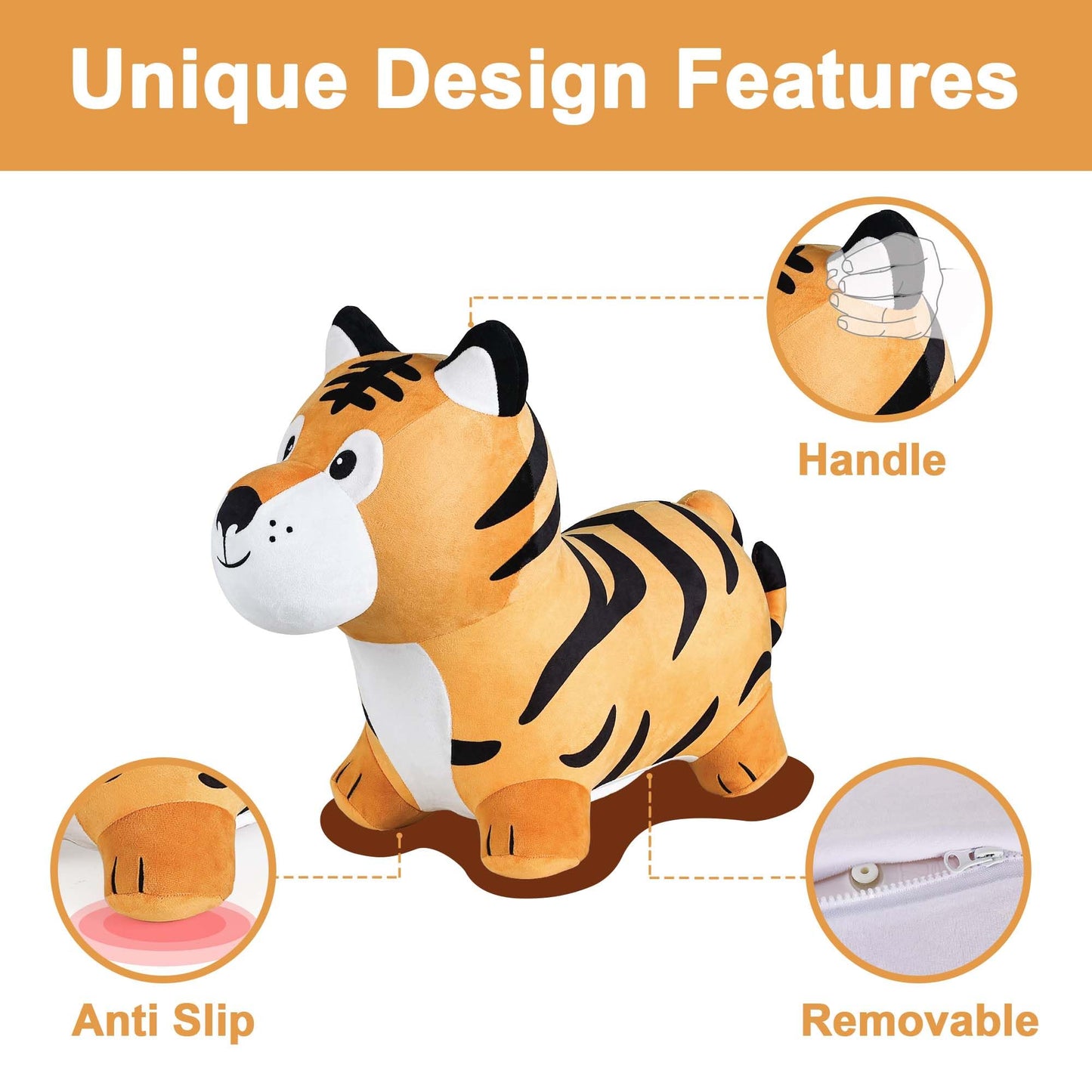 iPlay, iLearn Bouncy Pals Tiger Hopper Toy - Large Inflatable Plush Ride-On Bouncer for Kids, Yellow, Indoor/Outdoor Fun, Ages 2-6