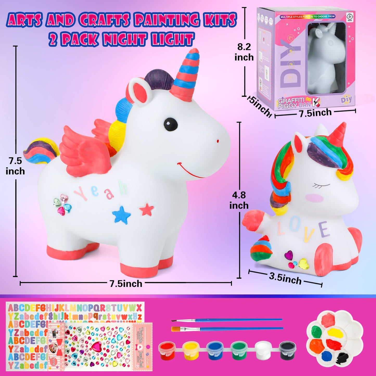 Gwahsa 2 Pcs Arts And Crafts Supplies Painting Kit For Kids Ages 4-8 8-12, Paint Your Own Piggy Bank Night Light Craft Kits For