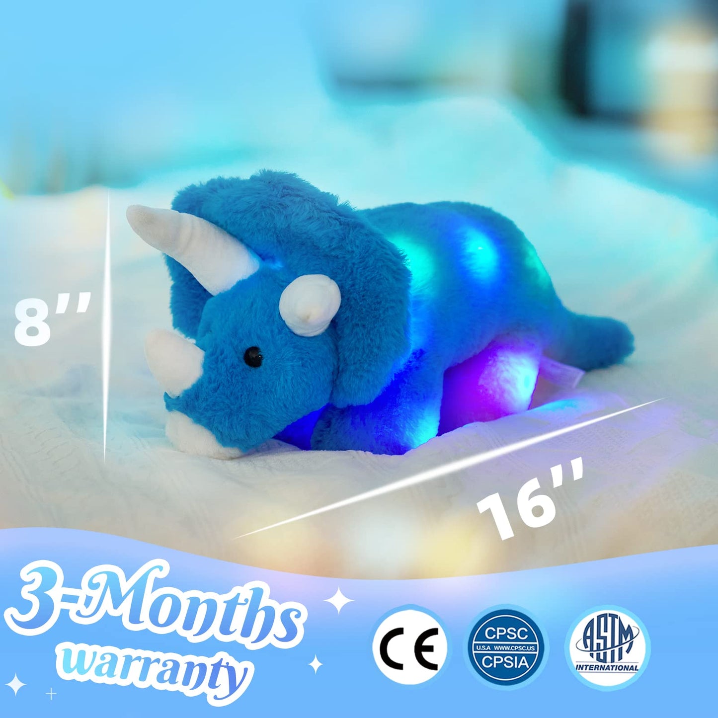 Glow Guards LED Triceratops Plush Toy - 16'' Blue Dinosaur with Night Lights & Lullaby for Kids and Toddlers