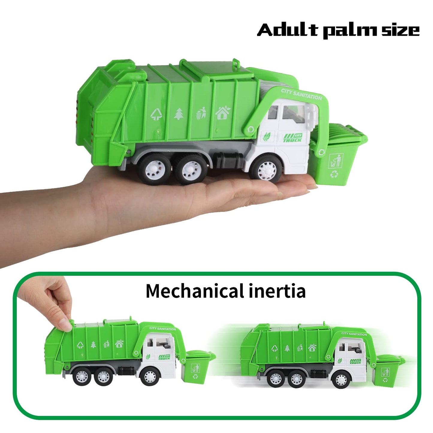 FIVEDAOGANG Small Friction Powered Garbage Truck Toys Set, Includes Front Load Dumpster, 4 Trash Bins and Trash Learning Cards f
