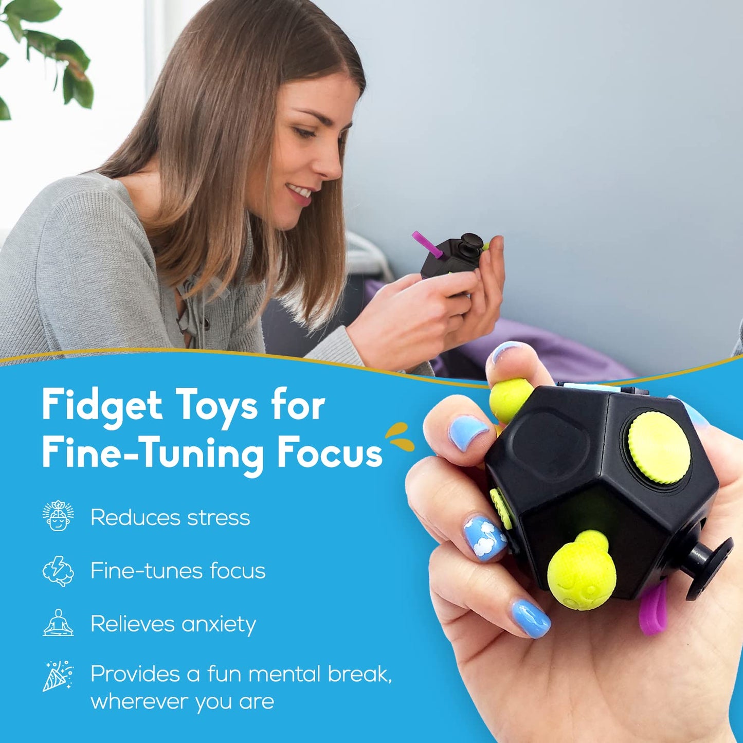 Pilpoc Thefube Fidget Cube With 12 Sides - Handy Anxiety Toys For Kids And Adults - Fidget Dice For Stress Relief & Focus - Anti Stress Cube For Adhd, Add, With Carry Case Black