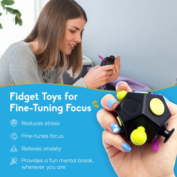 Pilpoc Thefube Fidget Cube With 12 Sides - Handy Anxiety Toys For Kids And Adults - Fidget Dice For Stress Relief & Focus - Anti Stress Cube For Adhd, Add, With Carry Case Black