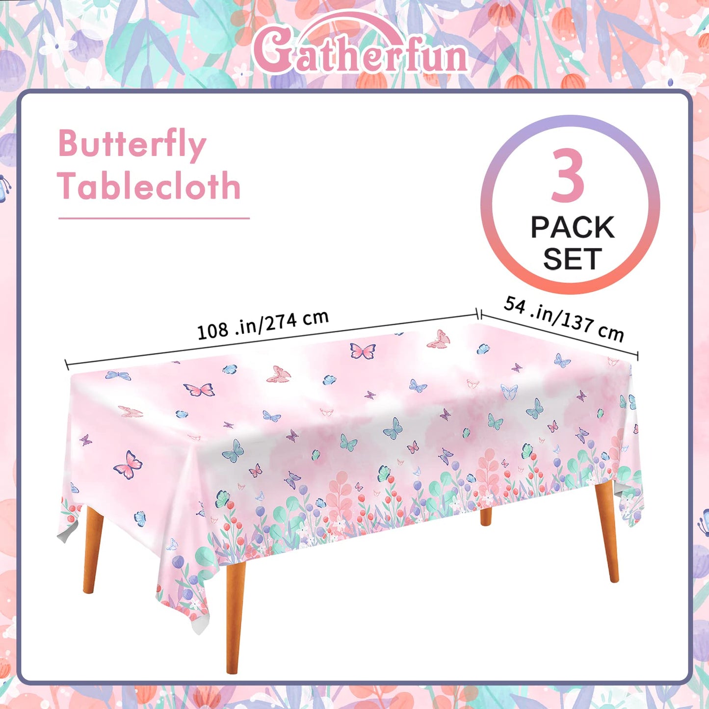 Butterfly Disposable Tablecloth, Plastic Table Cover for Kids Birthday Party, 3 PCS, 54   x 108