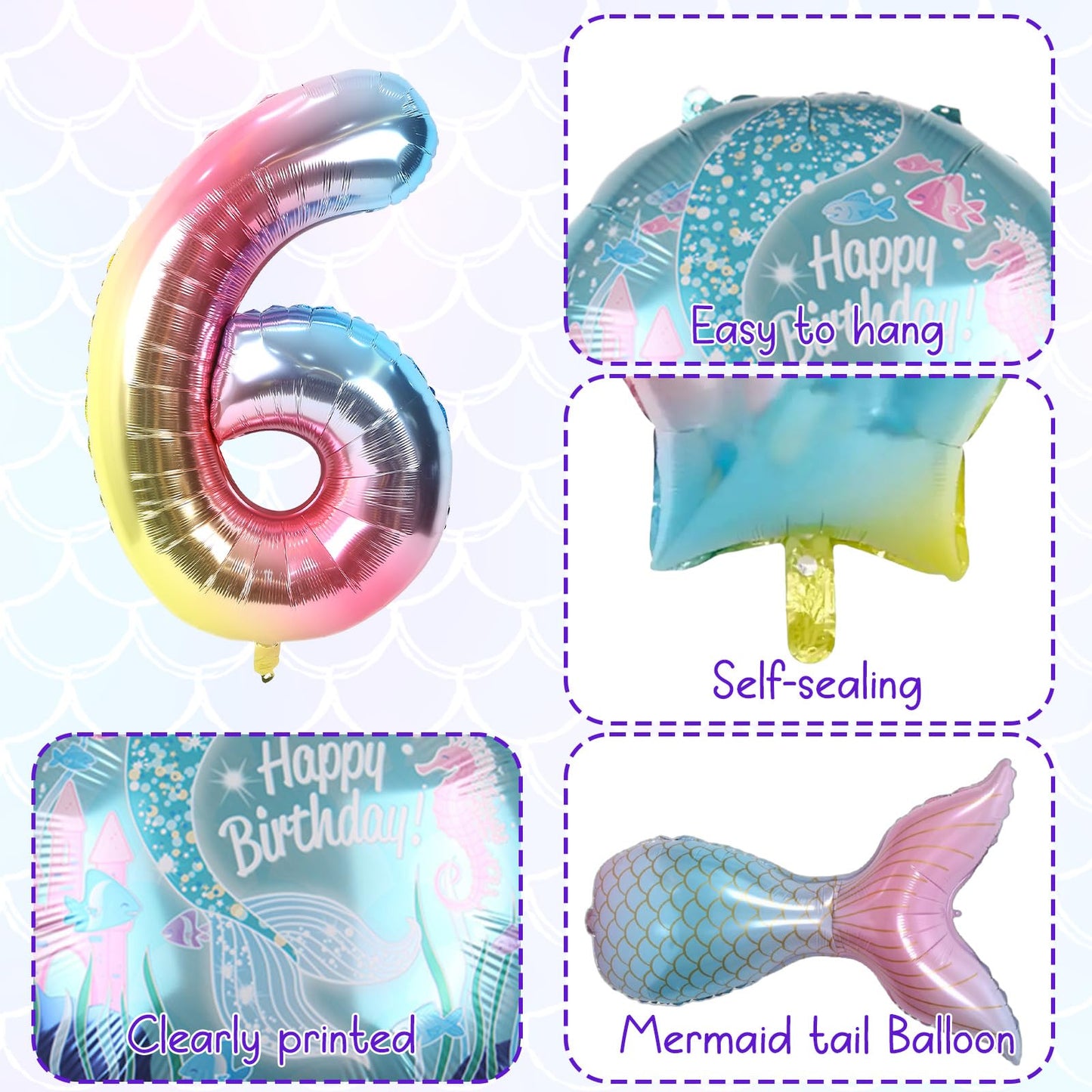 Mermaid 6Th Birthday Decorations, 8Pcs Mermaid Party Decorations Balloons, 40 Inch Rainbow Number 6 Balloon, Large Helium Foil Mermaid Tail Balloon, Seashell Balloons For Girls' 6Th Birthday Party
