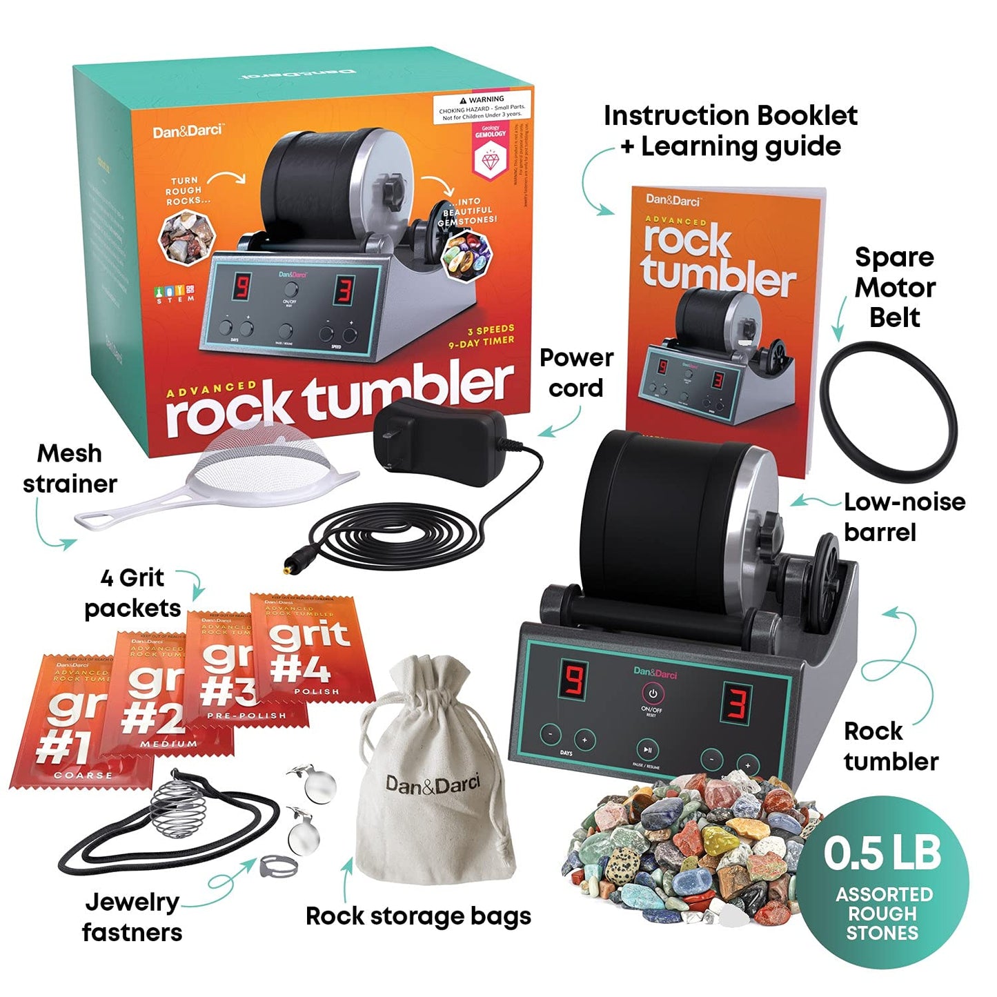 Dan&Darci Advanced Professional Rock Tumbler Kit - With Digital 9-Day Polishing Timer & 3 Speed Settings - Turn Rough Rocks Into Beautiful Gems : Great Science & Stem Geology Toy For Kids All Ages