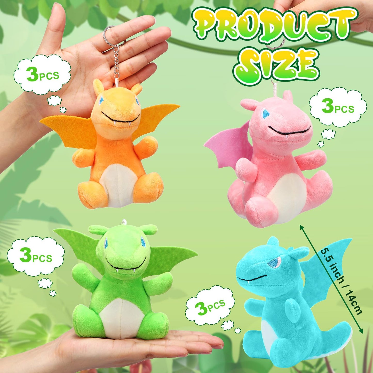 Siifert 12 Pcs Plush Dragon Stuffed Animals Bulk Cute Dinosaur Plush Keychain For Kid Birthday(Bright Color,Cute Style)