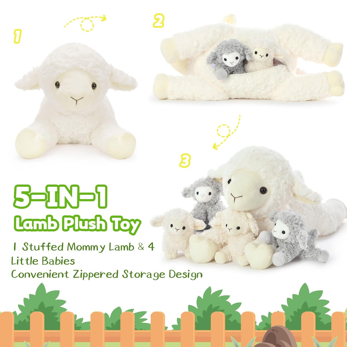 Tezituor 5Pcs Lamb Stuffed Animals Set, 20" White Plush Sheep & 4 Lamb Babies, Realistic Soft Toys for Kids