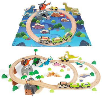 Woodenedu 80Pcs Wooden Train Set, Dinosaur Wooden Train Track Set, Wood Toy Train Set For Toddlers 2-4, Train Toys For Toddlers
