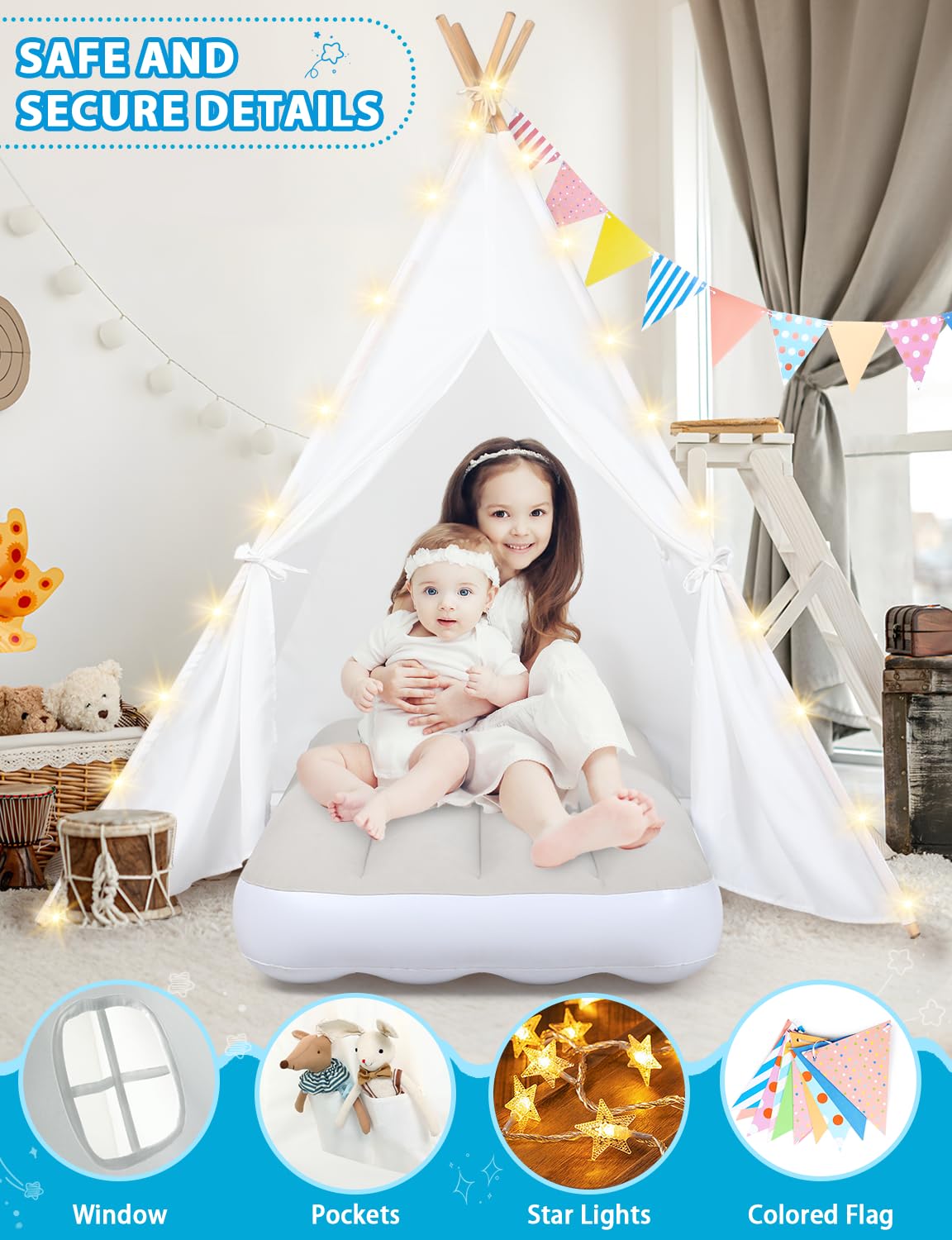Wilwolfer 6 Pack Kids Teepee Tent Bulk With Light And Inflatable Airbed, Natural Cotton Toddler Play Tent For Girls Boys Indoor