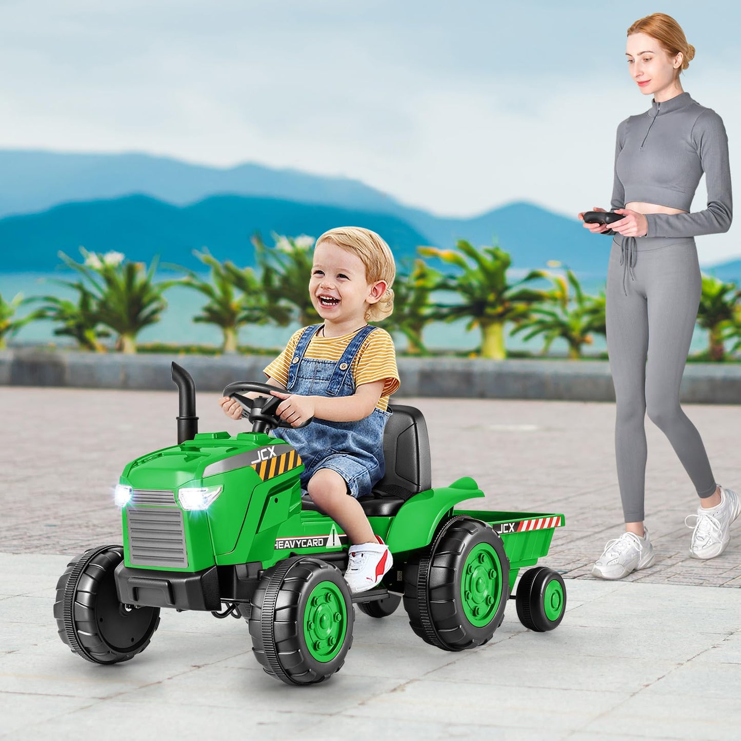 Costzon 2-In-1 Ride On Tractor, 12V Kids Ride On Car W/Detachable Trailer, Remote Control, Wireless Connection, Horn, Music/Ligh