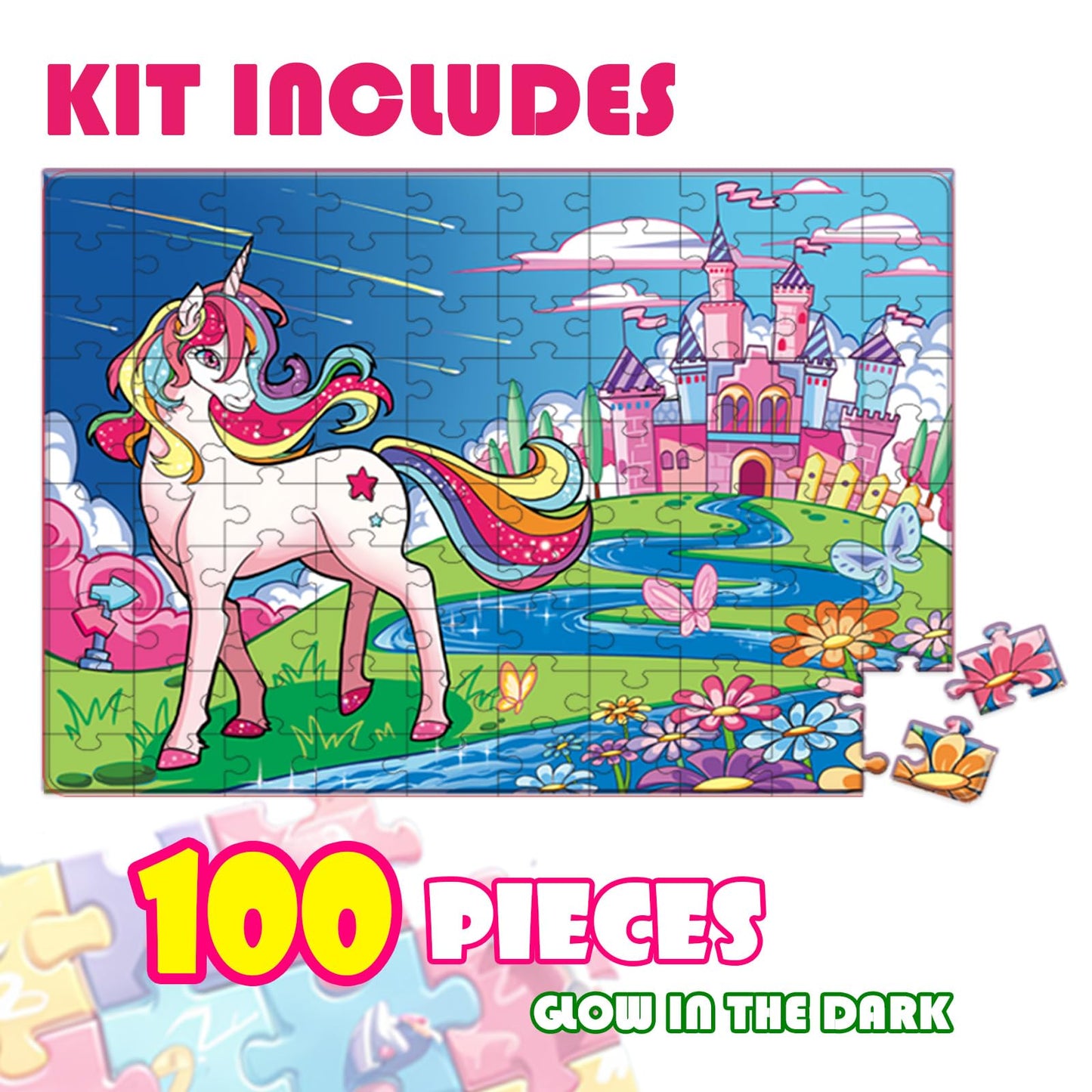 Glow In The Dark 100 Piece Unicorn Puzzle With Paint For Kids, Jigsaw Puzzle Toys For Girls&Boys, Unicorn Birthday Gift For Girl