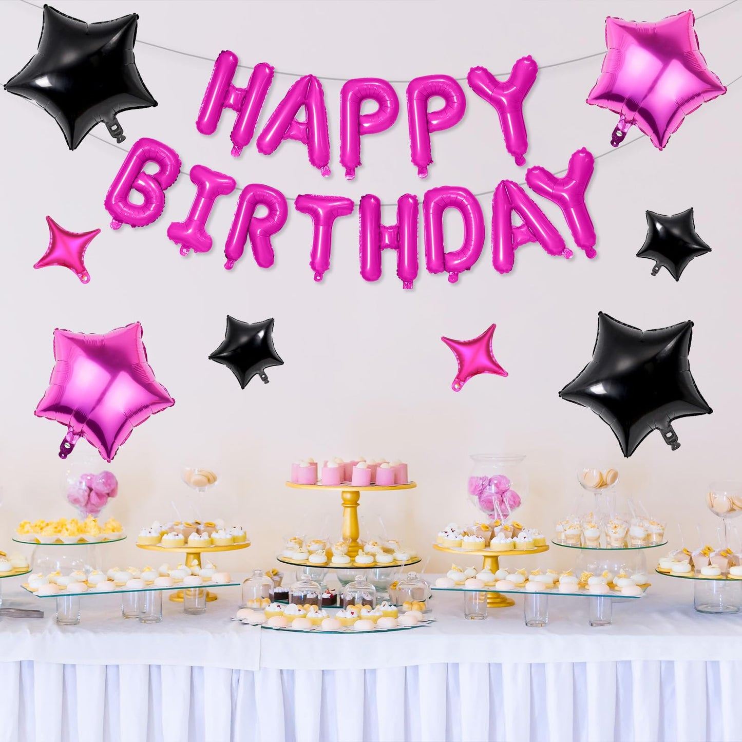 Happy Birthday Balloons Banner, Hot Pink Black Happy Birthday Foil Balloons 16 Inch Mylar Foil Letter Balloons With 8 Pcs Hot Pi