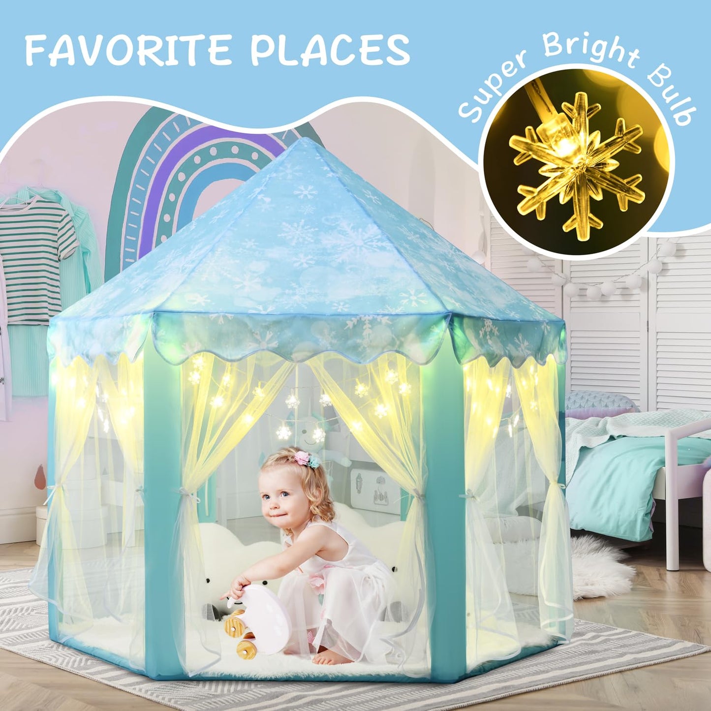 Kixinwa Frozen Princess Tent For Girls, Kids Play Tent With Led Small Snowflake Lights, Castle Playhouse Tent For Children Toddl