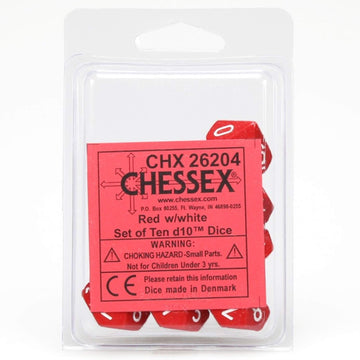 Chessex Manufacturing 26204 Opaque Red With White - Ten Sided Die D10 Set Of 10