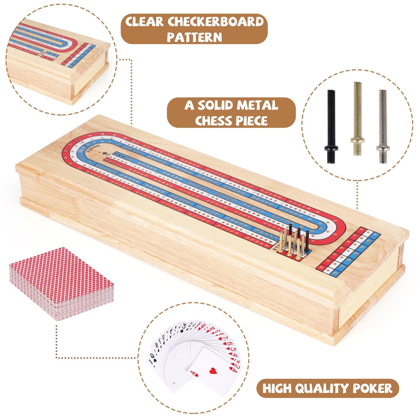 Wooden Cribbage Board Game Set  enhanced Wooden Board with with Storage Drawer and Metal Pegs  Strategy Card Game Cribbage - Travel Portable Cribbage Game Sets for Family