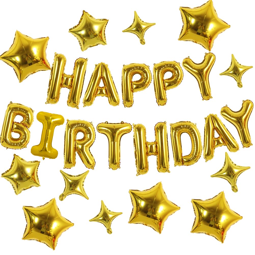 TONIFUL 35PCS Gold Happy Birthday Decorations Kit 16 Inch Happy Birthday Balloon Banner with Star Balloons Mylar Foil Birthday P