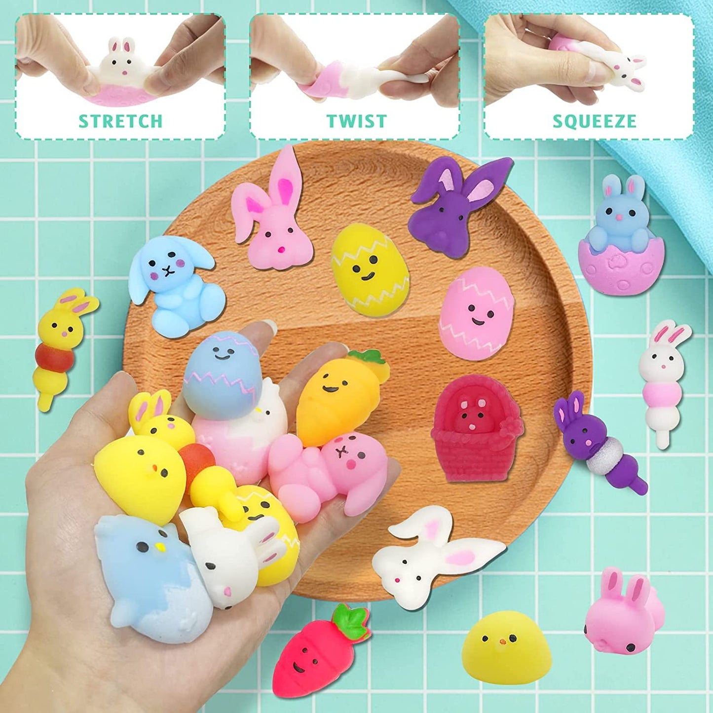 Jdsty 24Pcs Easter Mochi Squishy Toys Stress Relief Squishies For Kids Boys Girls Toddlers Easter Basket Stuffers Egg Fillers Gi