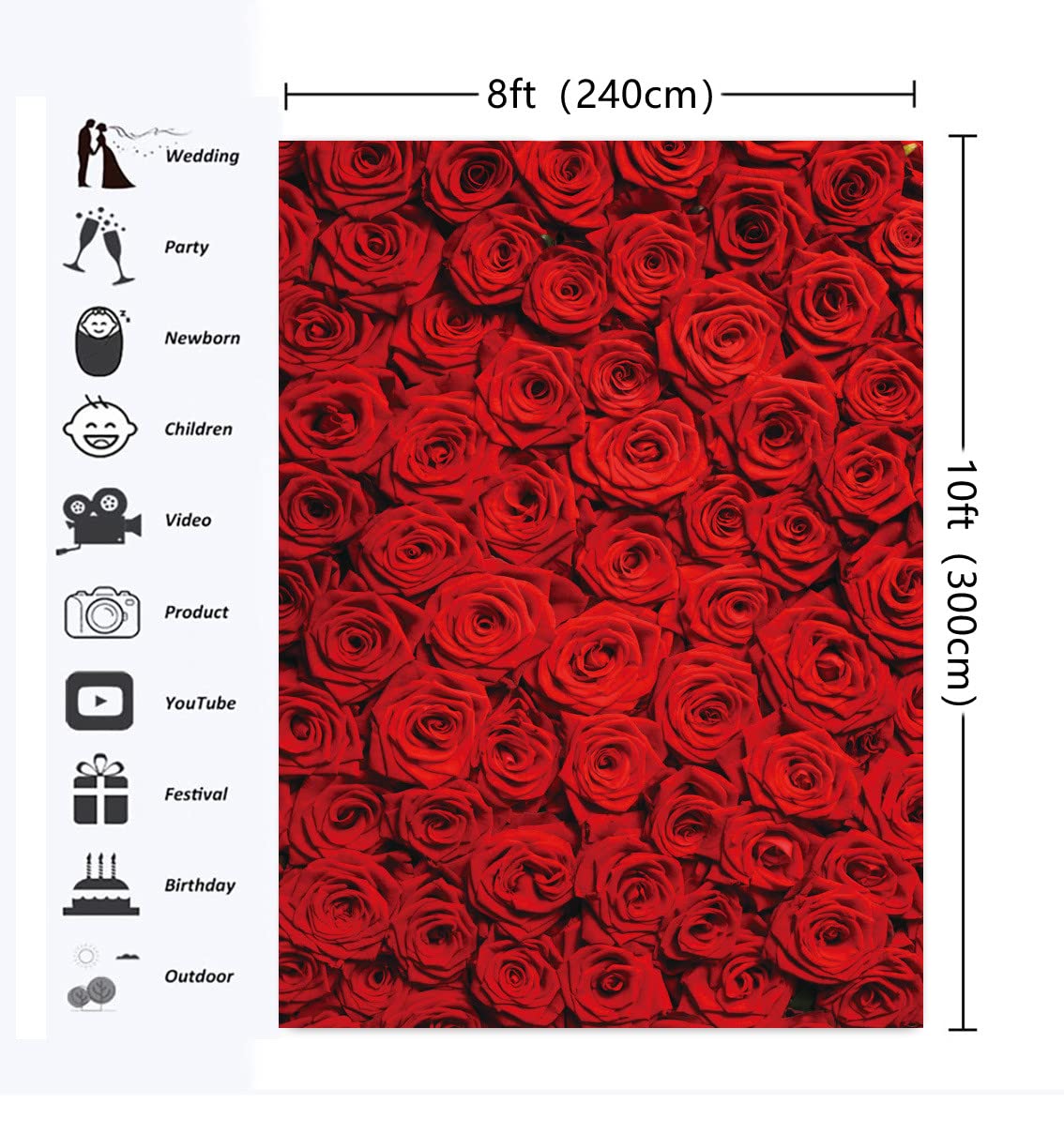 INRUI Red Rose Floral Wedding Photography Backdrop, 8x10FT Vinyl, Model RUINI_Flower034