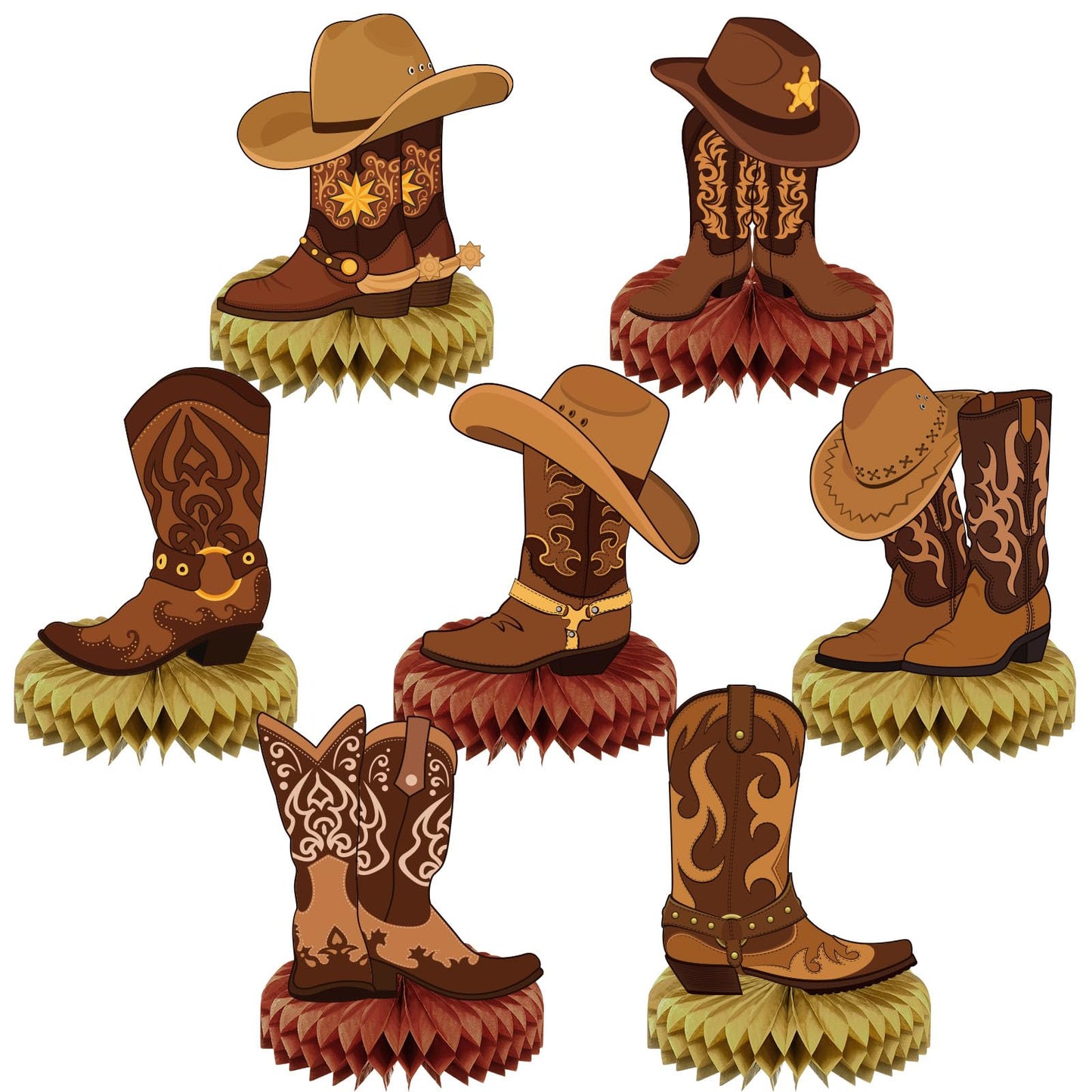 Faccito 7 Pcs Western Party Centerpiece Decorations Western Boots Honeycomb Centerpieces for Tables Cowboy Themed Baby Shower Bi