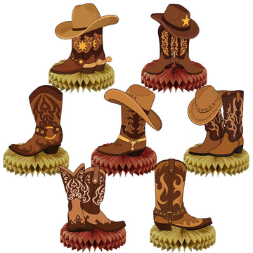 Faccito 7 Pcs Western Party Centerpiece Decorations Western Boots Honeycomb Centerpieces for Tables Cowboy Themed Baby Shower Bi