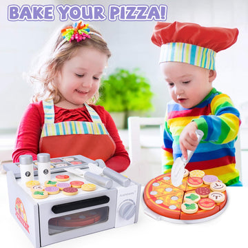 Wooden Pizza Toy for Kids, Toddlers Pizza Counter Playset, Pretend Play Food Set Kitchen Accessories with Bake Oven, Gifts for 3