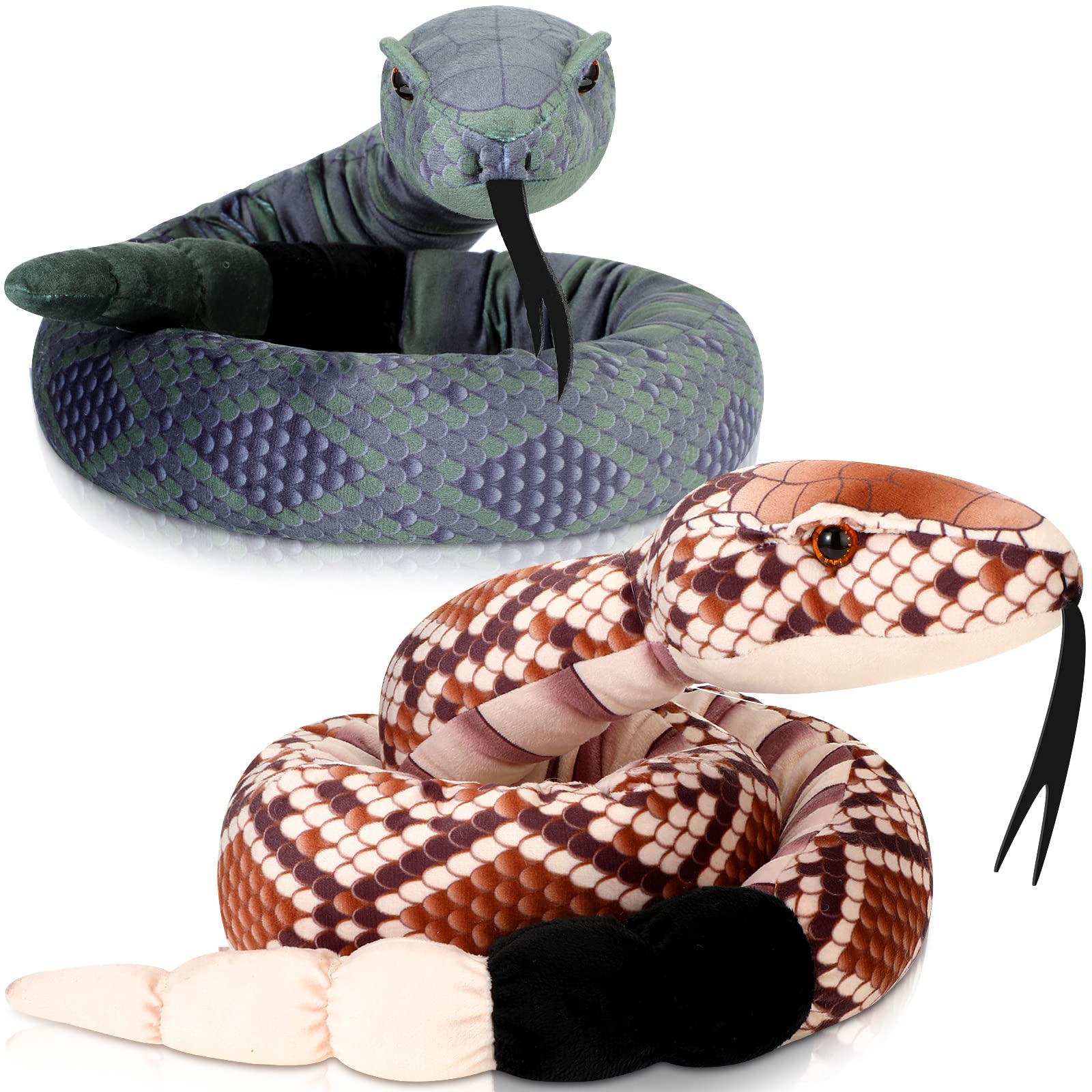 Moneer 2 Pcs Giant Snake Plush, 54 Inch Large Stuffed Rattlesnake, Realistic Snake Stuffed Animal, Jumbo Rattlesnake for Birthda
