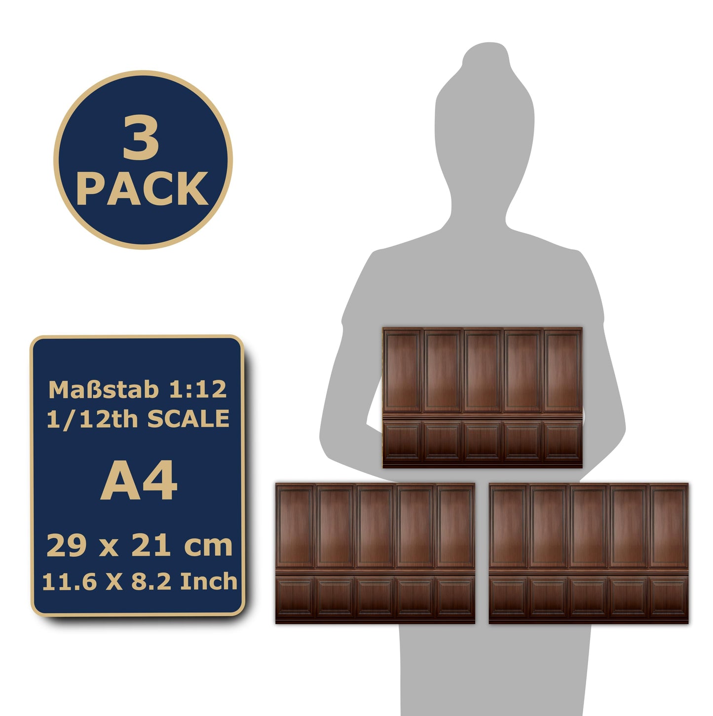 3 Sheets Self-Adhesive Wall Cladding For Dollhouse 1:12 Scale (Wood Paneled Wall (Mahogany))